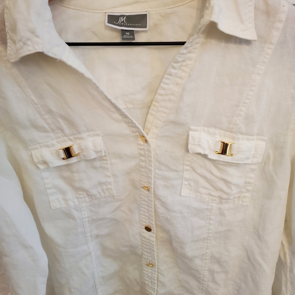 JM Collection White Button-Up 100% Linen Shirt with Gold Accents, Size 10 - Picture 2 of 6